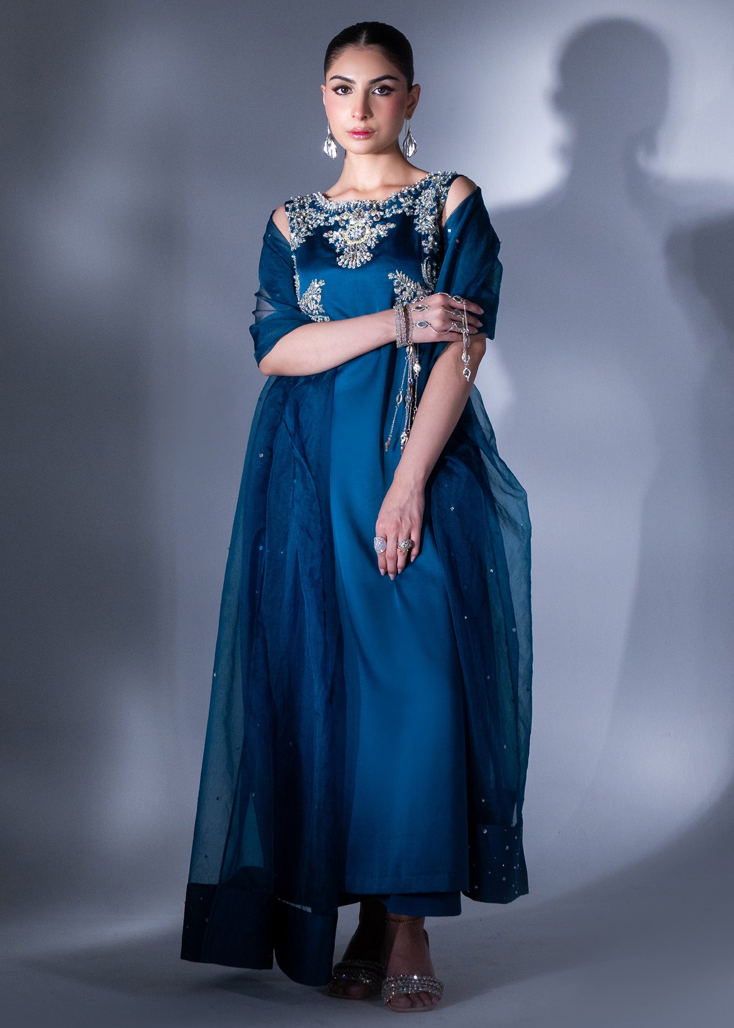 Pakistani Teal Blue Embroidered Pure Silk Salwar Kameez (3-Piece) - Image 7