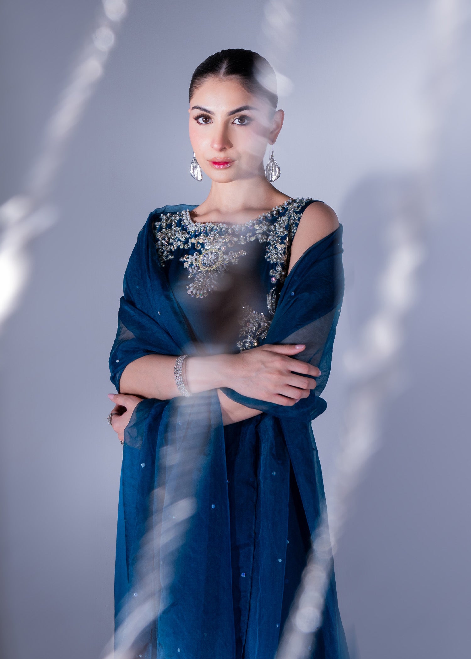 Pakistani Teal Blue Embroidered Pure Silk Salwar Kameez (3-Piece) - Image 8