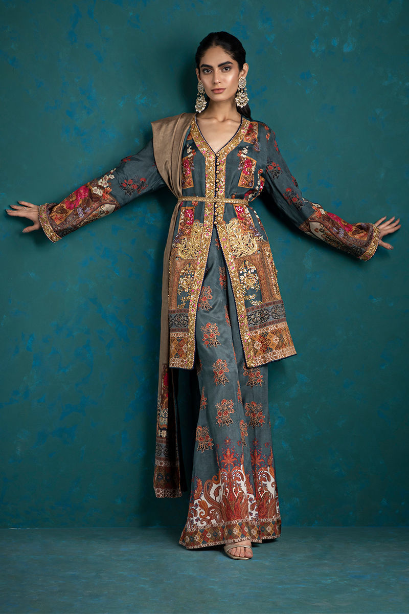 Pakistani Deep Teal Embellished Silk Salwar Kameez (3-Piece) - Image 1