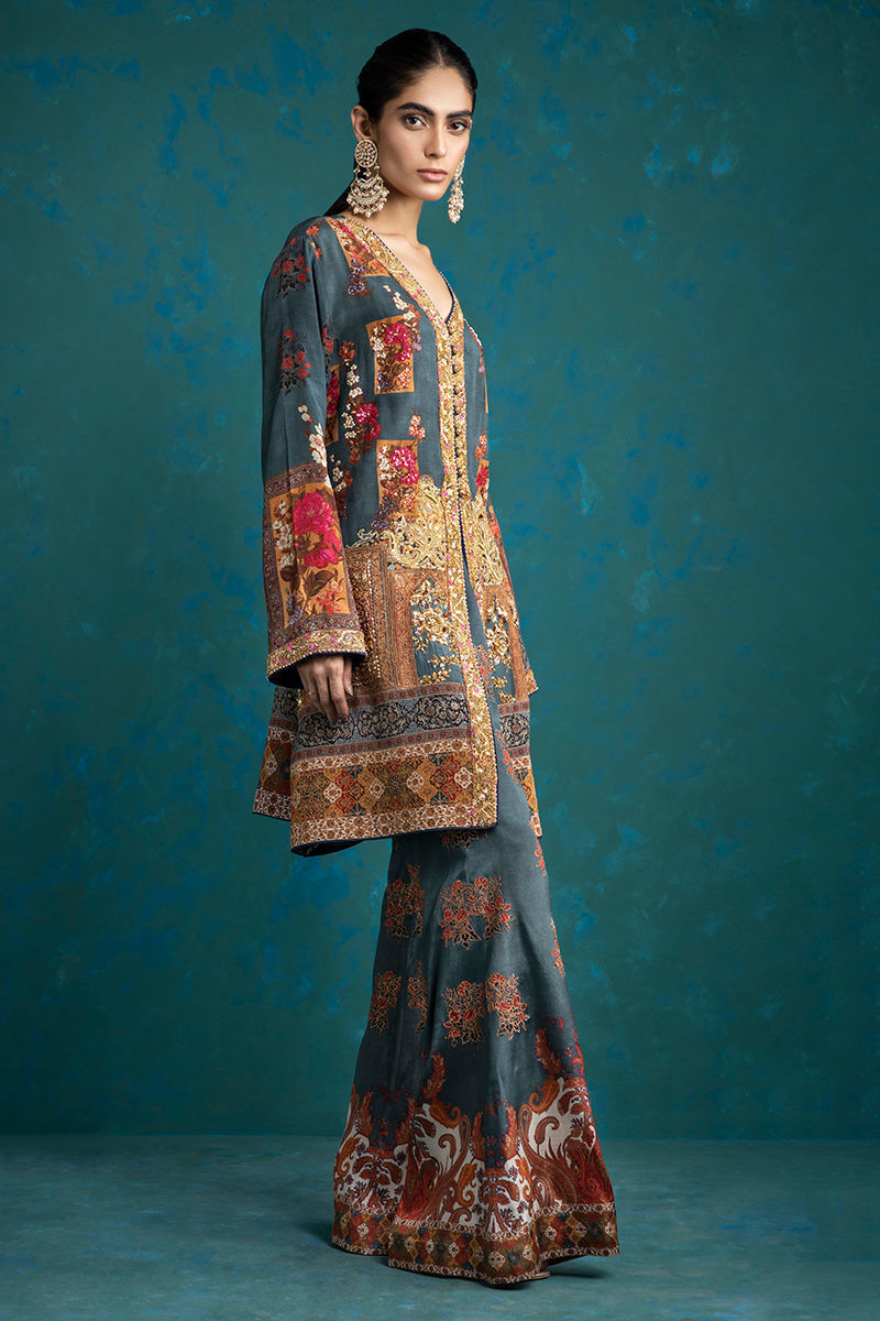 Pakistani Deep Teal Embellished Silk Salwar Kameez (3-Piece) - Image 3