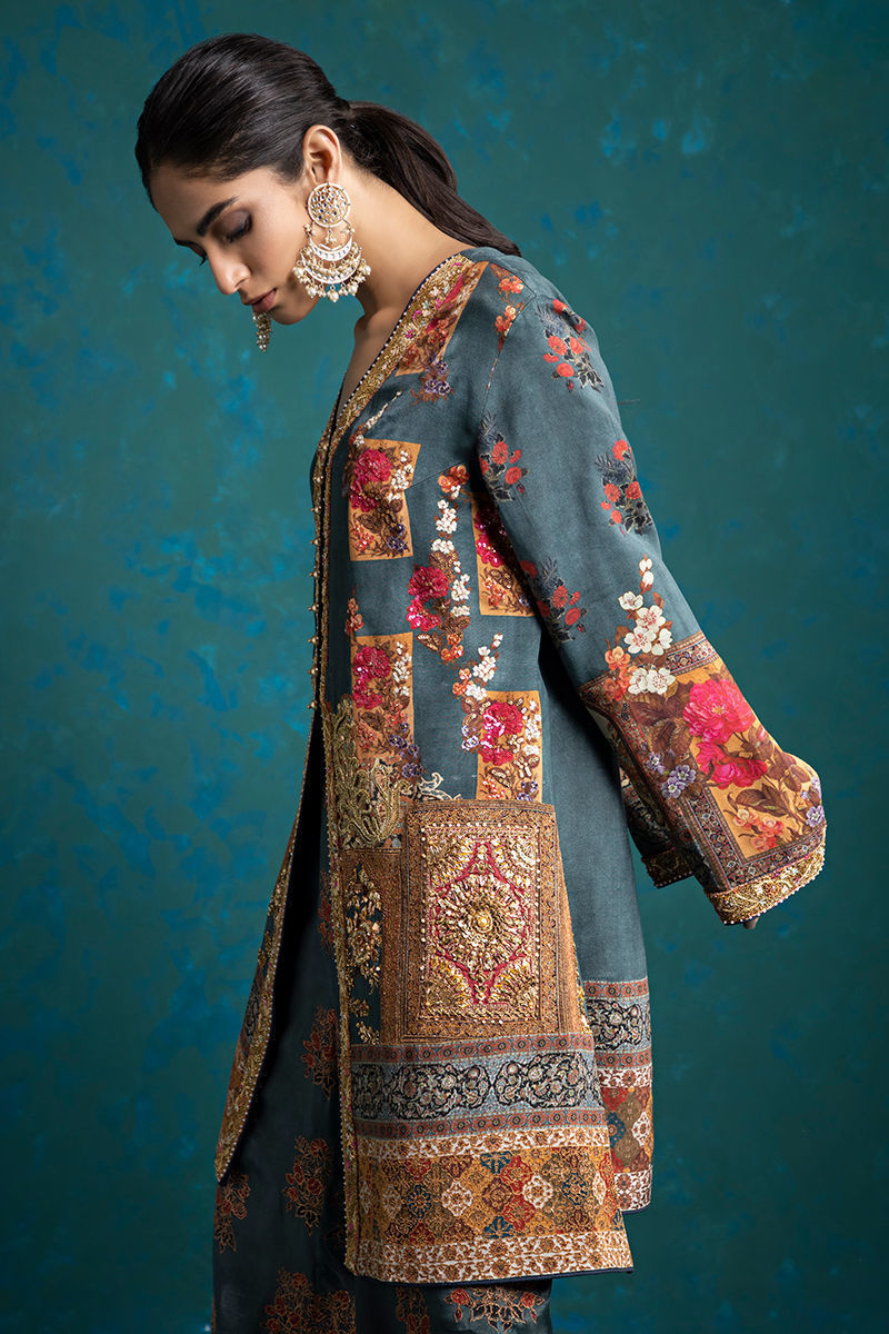 Pakistani Deep Teal Embellished Silk Salwar Kameez (3-Piece) - Image 4