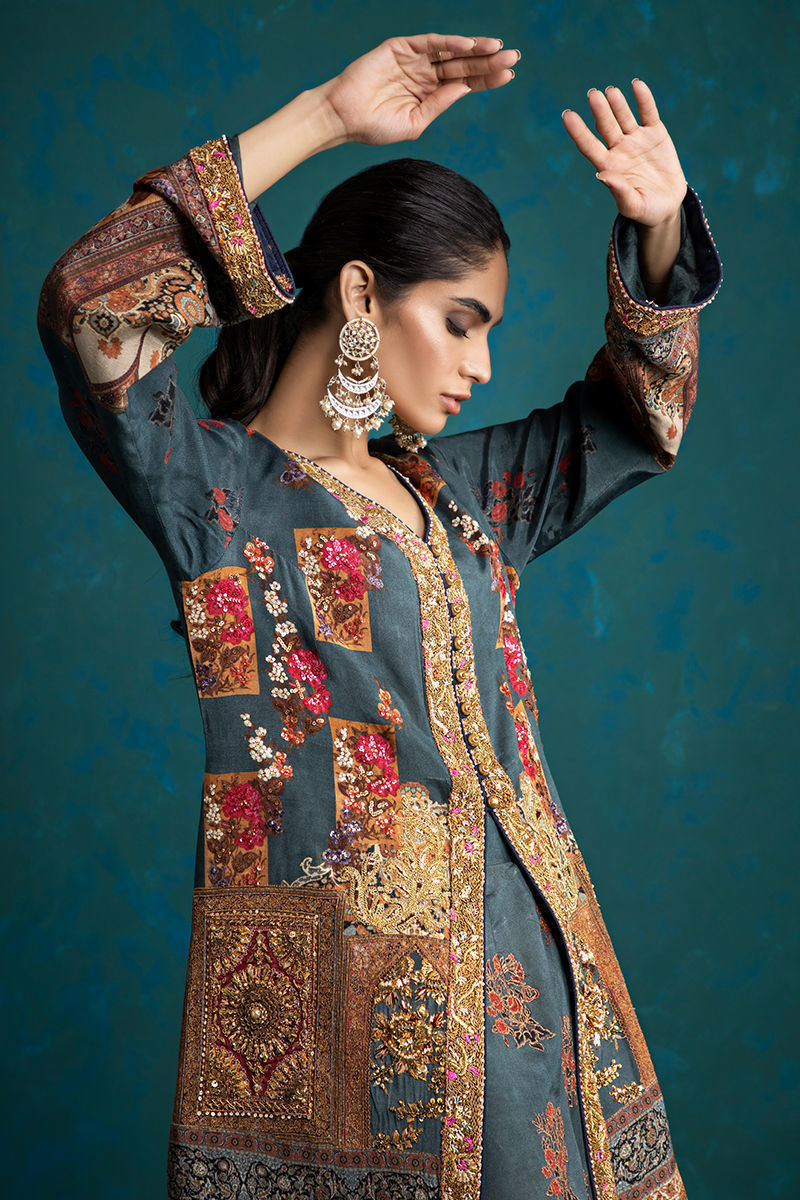 Pakistani Deep Teal Embellished Silk Salwar Kameez (3-Piece) - Image 5