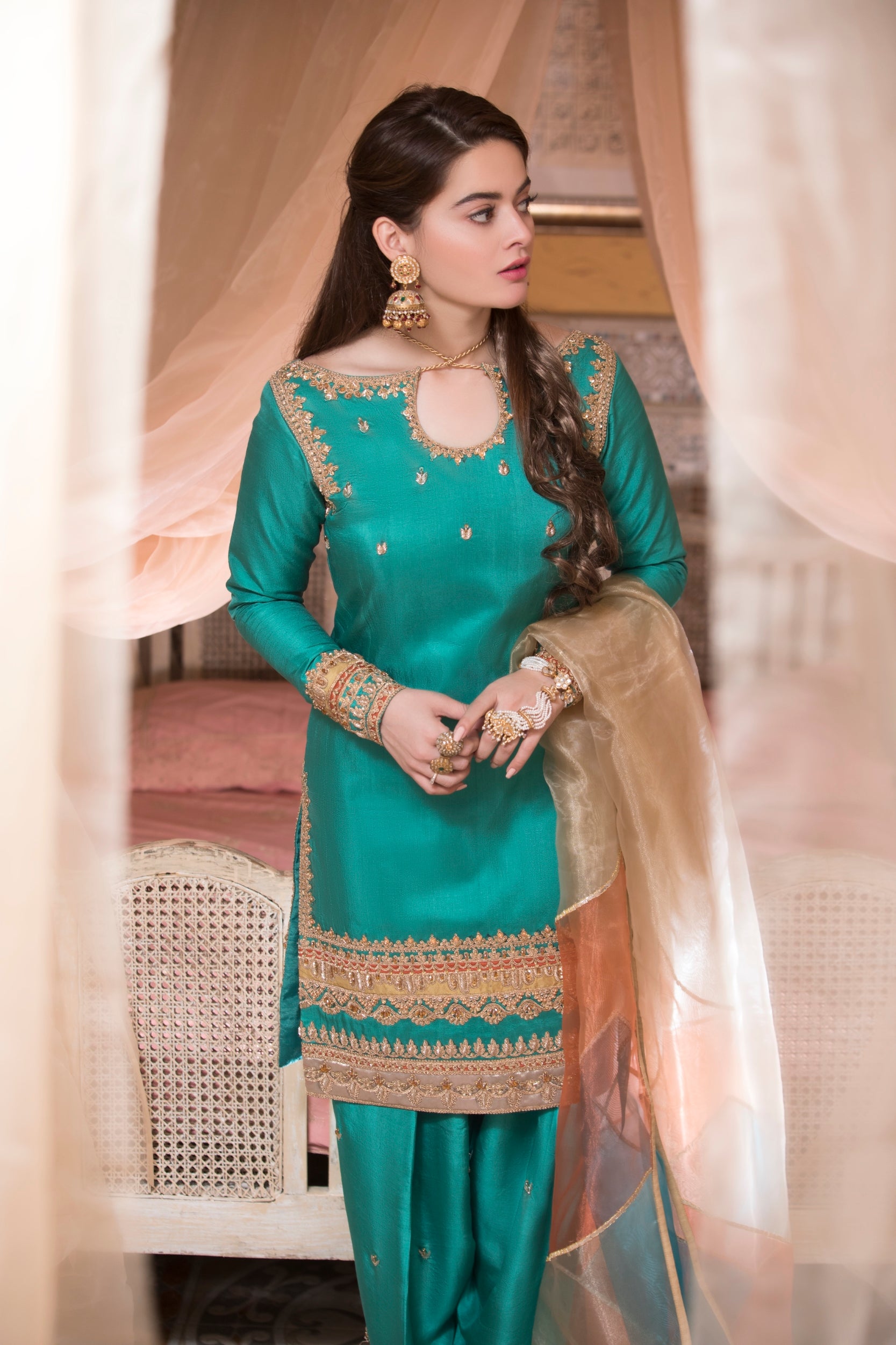 Pakistani Teal Gota & Thread Embroidered Silk Salwar Kameez (3-Piece) - Image 1