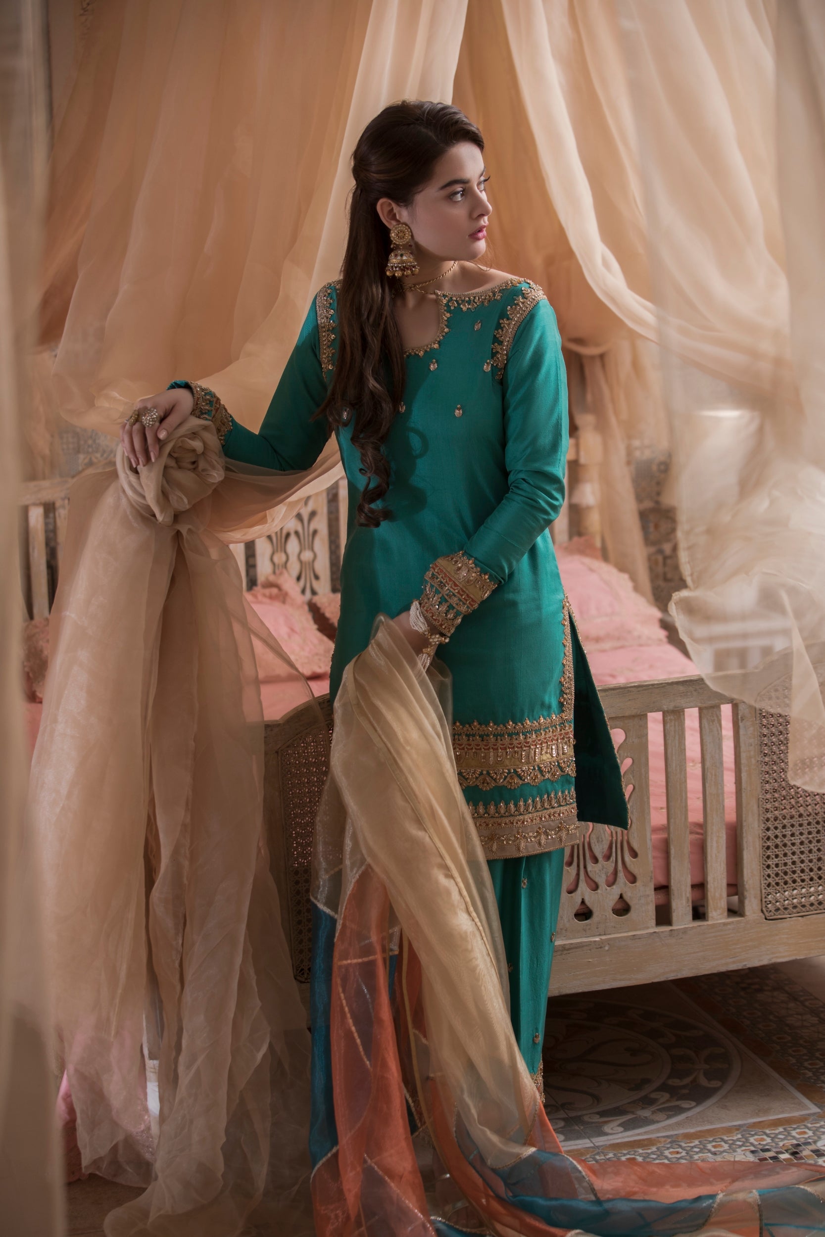 Pakistani Teal Gota & Thread Embroidered Silk Salwar Kameez (3-Piece) - Image 2