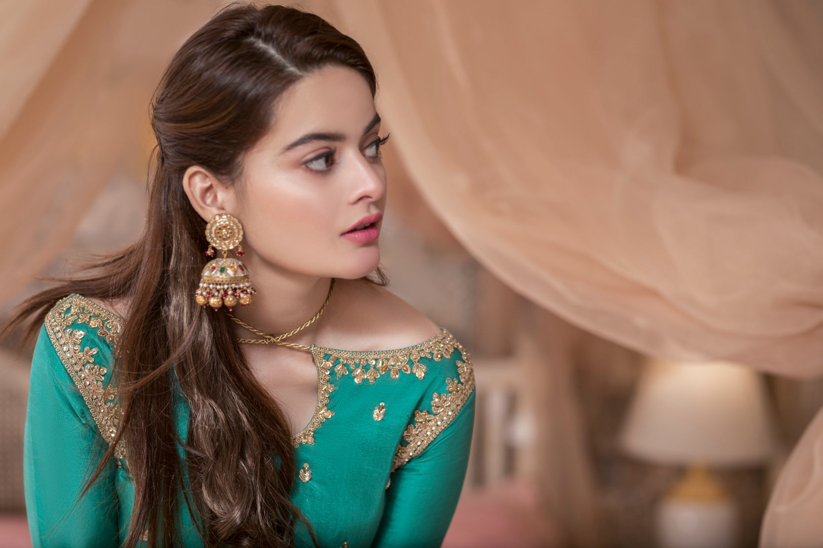 Pakistani Teal Gota & Thread Embroidered Silk Salwar Kameez (3-Piece) - Image 3