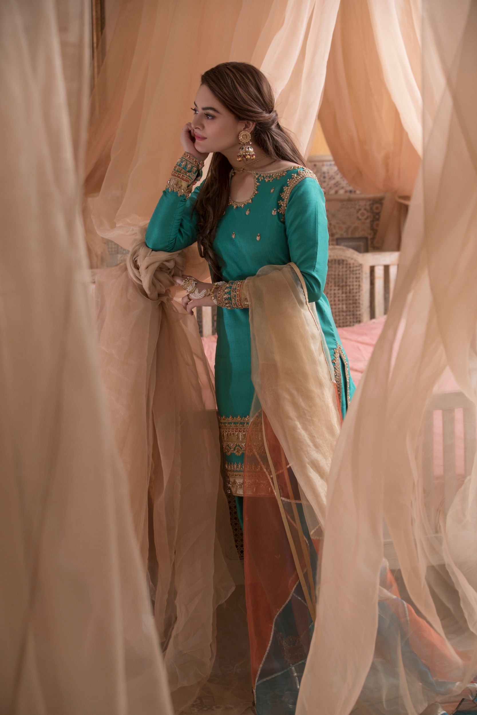 Pakistani Teal Gota & Thread Embroidered Silk Salwar Kameez (3-Piece) - Image 5