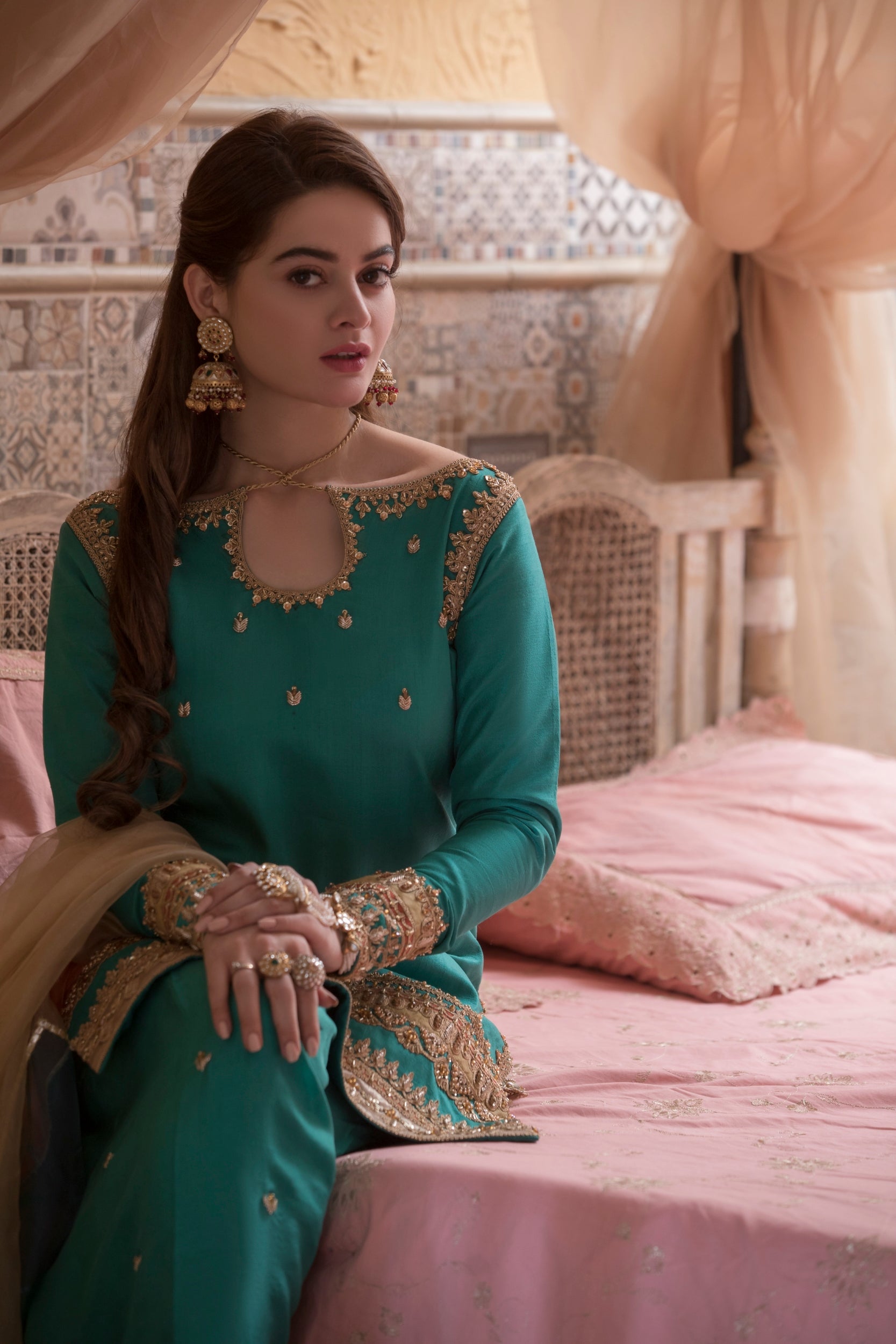 Pakistani Teal Gota & Thread Embroidered Silk Salwar Kameez (3-Piece) - Image 6