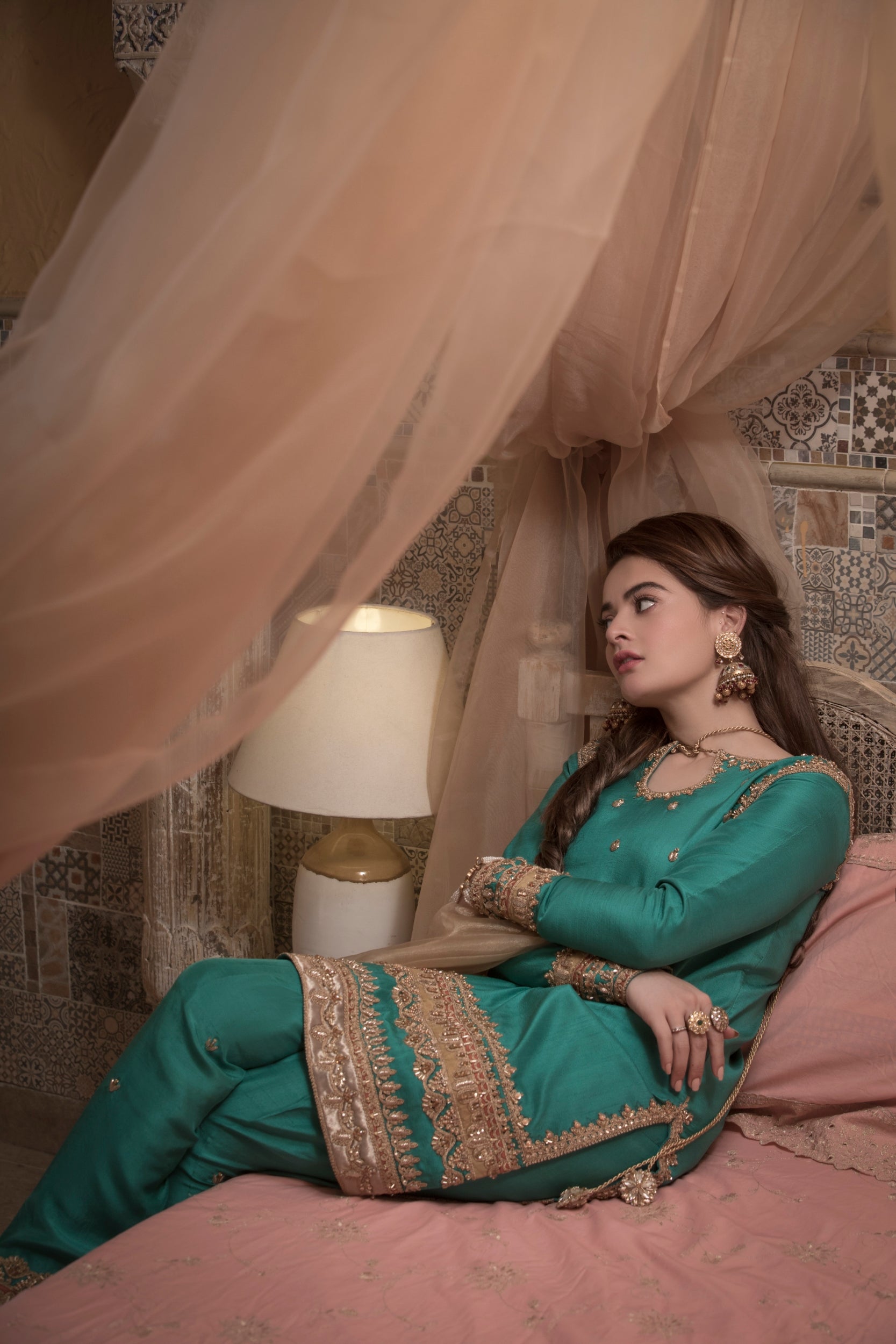 Pakistani Teal Gota & Thread Embroidered Silk Salwar Kameez (3-Piece) - Image 7