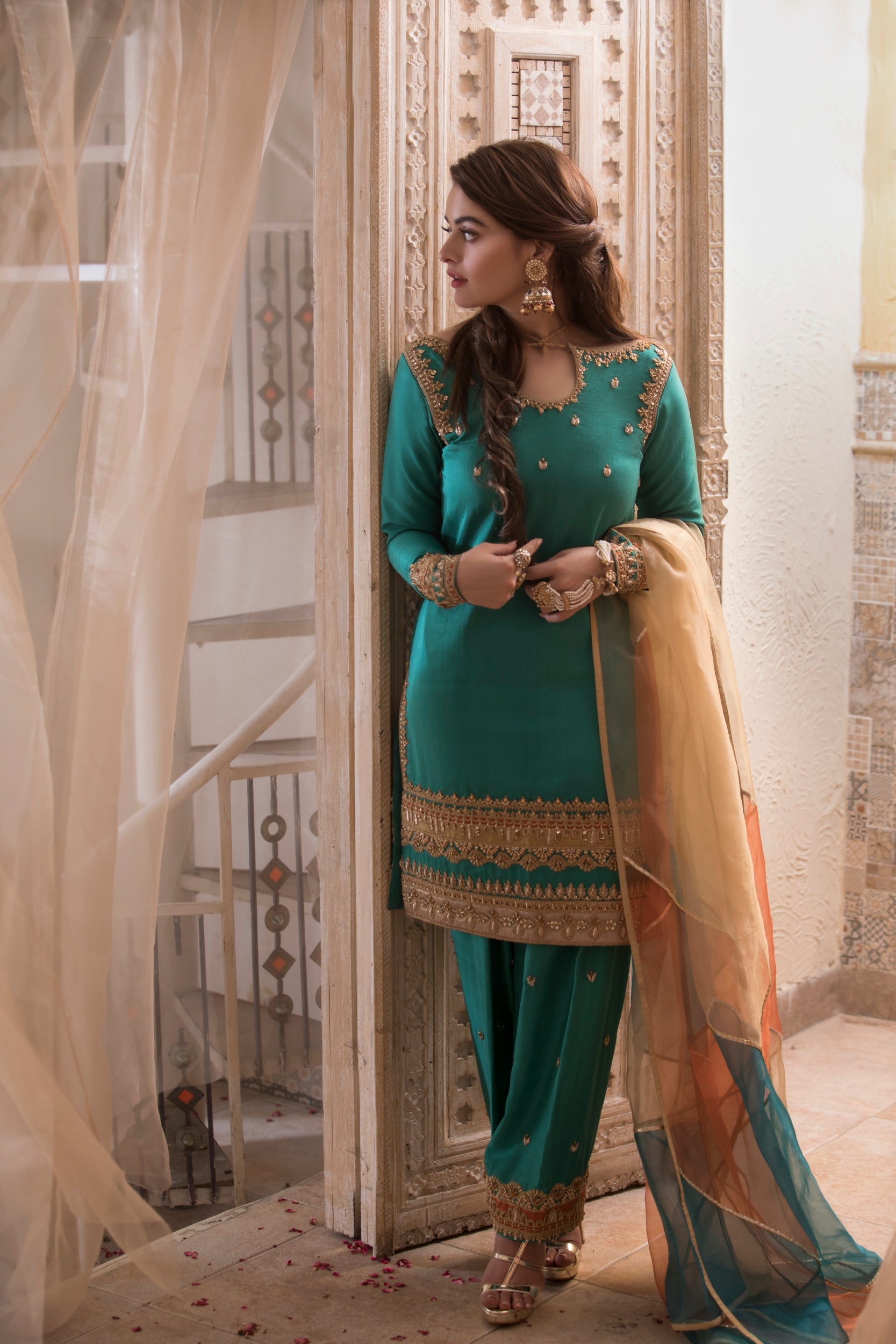 Pakistani Teal Gota & Thread Embroidered Silk Salwar Kameez (3-Piece) - Image 9