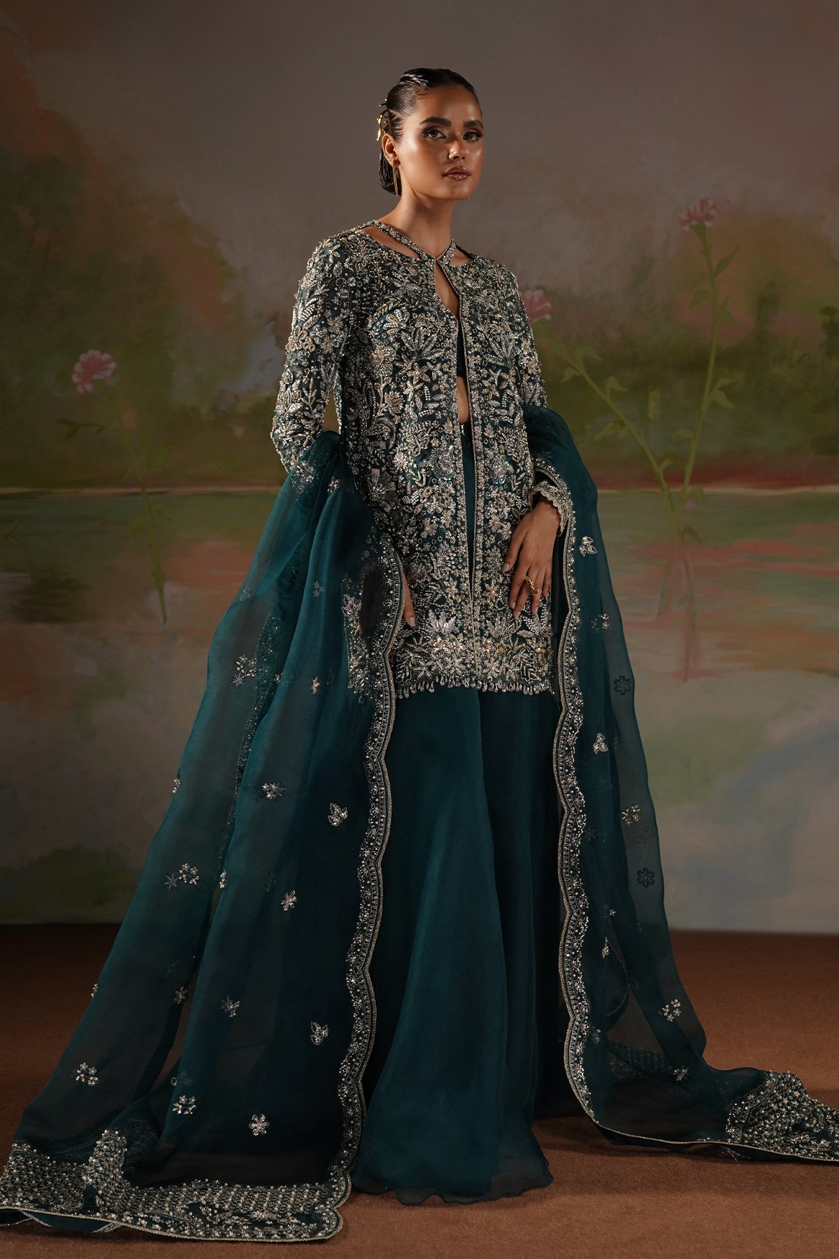 Deep Teal Embellished Silk Jacket Salwar Kameez (3-Piece) - Image 1
