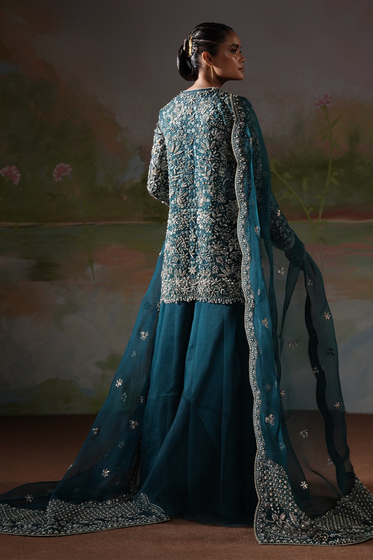 Deep Teal Embellished Silk Jacket Salwar Kameez (3-Piece) - Image 2