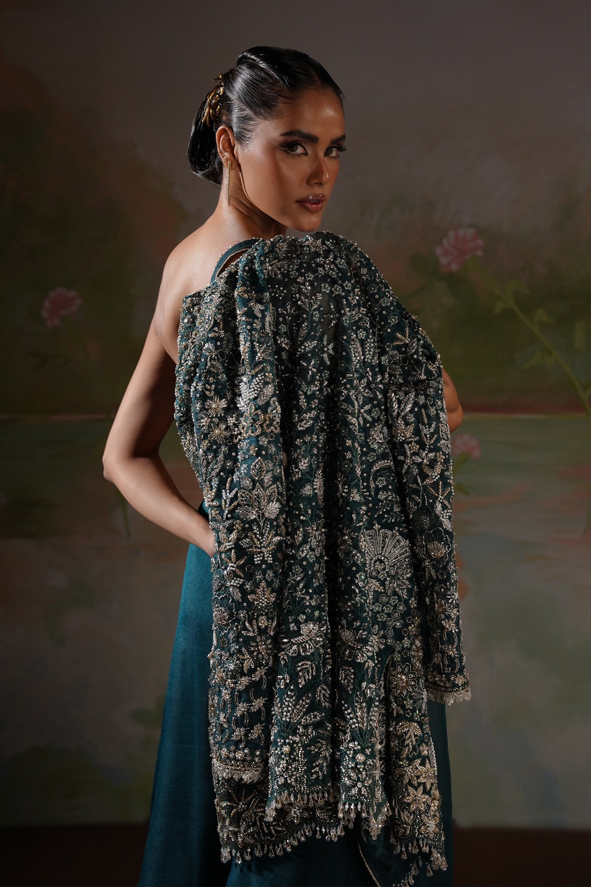 Deep Teal Embellished Silk Jacket Salwar Kameez (3-Piece) - Image 4