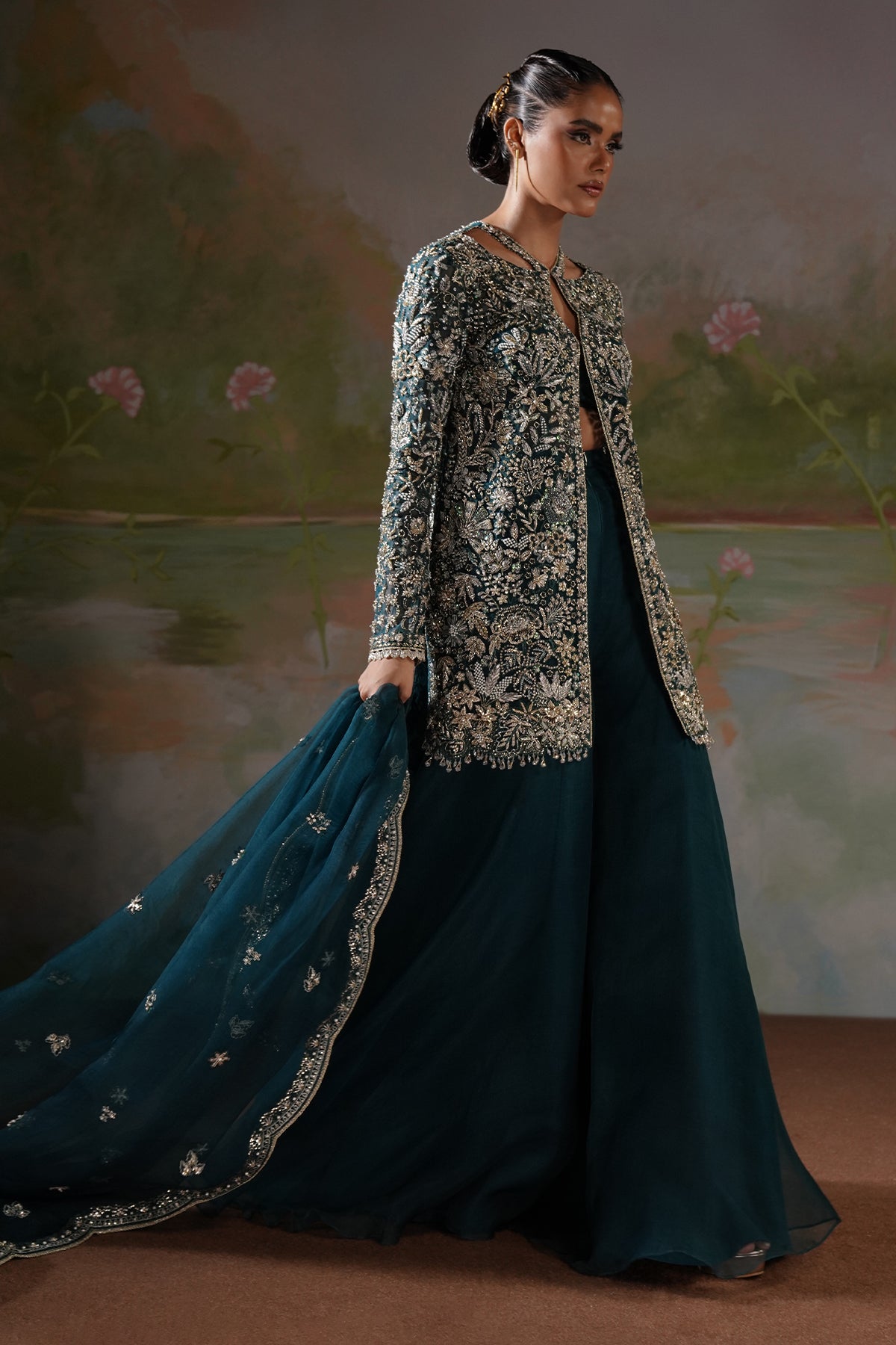 Deep Teal Embellished Silk Jacket Salwar Kameez (3-Piece) - Image 6