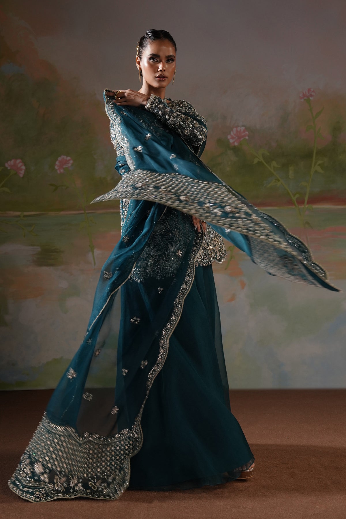 Deep Teal Embellished Silk Jacket Salwar Kameez (3-Piece) - Image 7