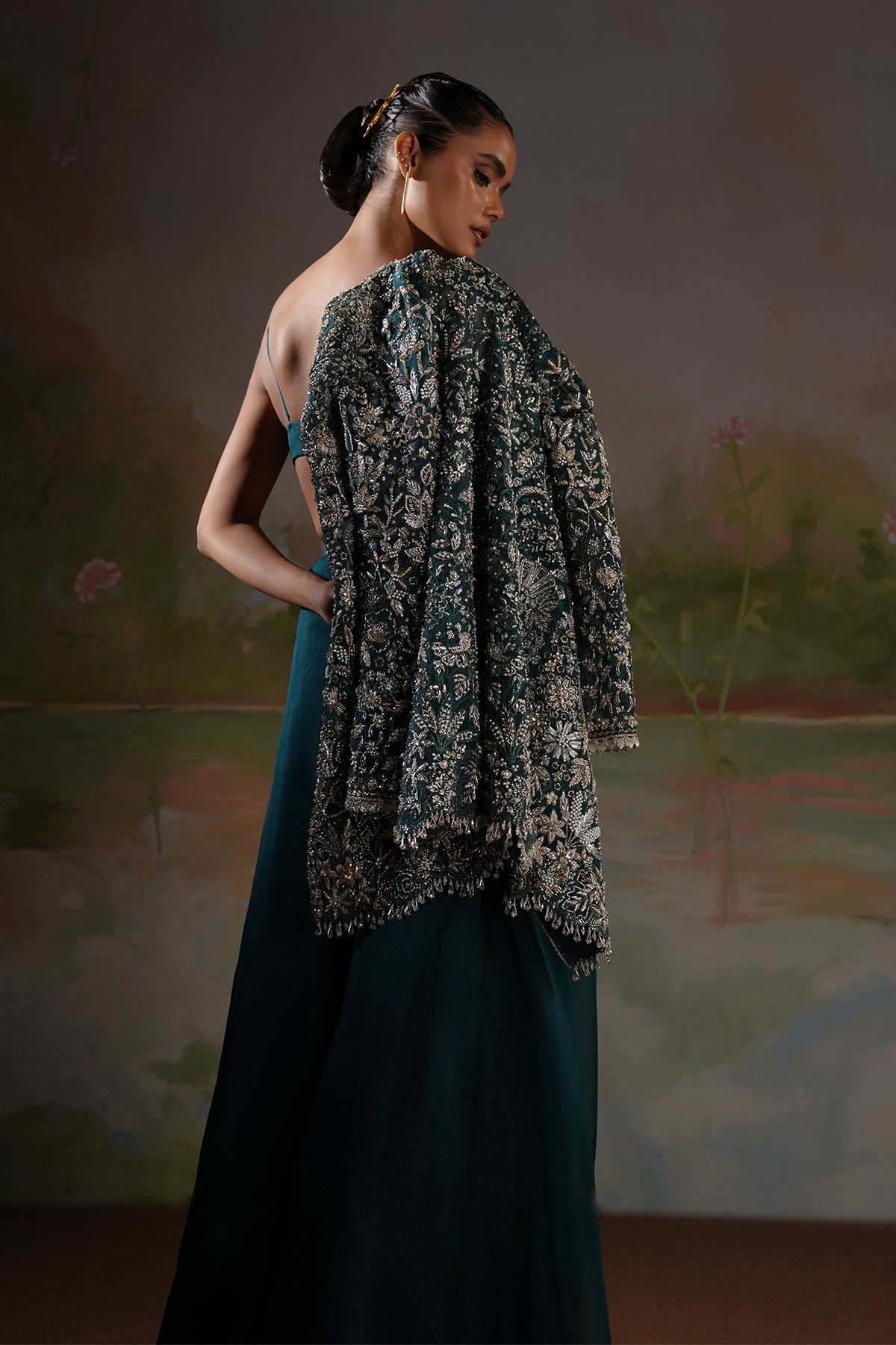 Deep Teal Embellished Silk Jacket Salwar Kameez (3-Piece) - Image 8