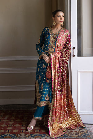 Pakistani Teal Embroidered Silk Net Salwar Kameez (3-Piece) - Image 1