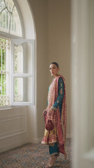 Pakistani Teal Embroidered Silk Net Salwar Kameez (3-Piece) - Image 2