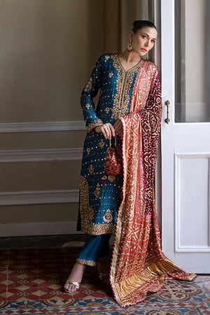 Pakistani Teal Embroidered Silk Net Salwar Kameez (3-Piece) - Image 4