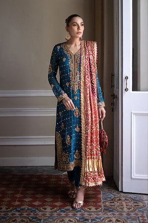 Pakistani Teal Embroidered Silk Net Salwar Kameez (3-Piece) - Image 5