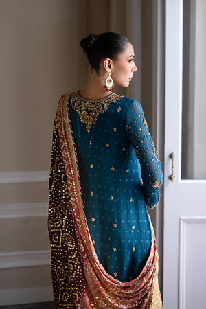 Pakistani Teal Embroidered Silk Net Salwar Kameez (3-Piece) - Image 7