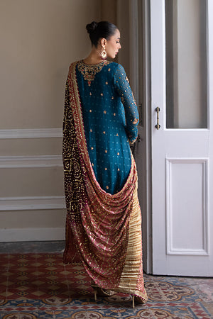 Pakistani Teal Embroidered Silk Net Salwar Kameez (3-Piece) - Image 8
