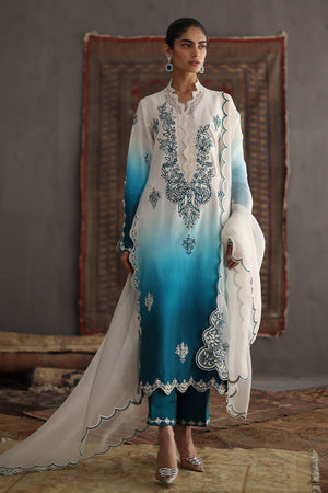 Teal and White Ombré Embroidered Silk Long Shirt (3-Piece) - Image 1
