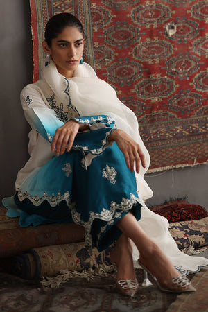 Teal and White Ombré Embroidered Silk Long Shirt (3-Piece) - Image 2