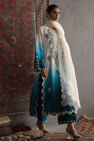 Teal and White Ombré Embroidered Silk Long Shirt (3-Piece) - Image 3