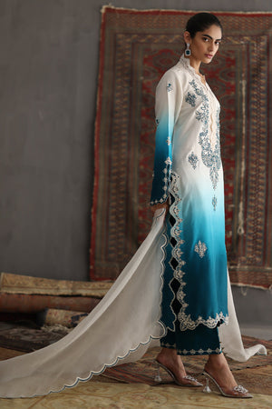 Teal and White Ombré Embroidered Silk Long Shirt (3-Piece) - Image 4