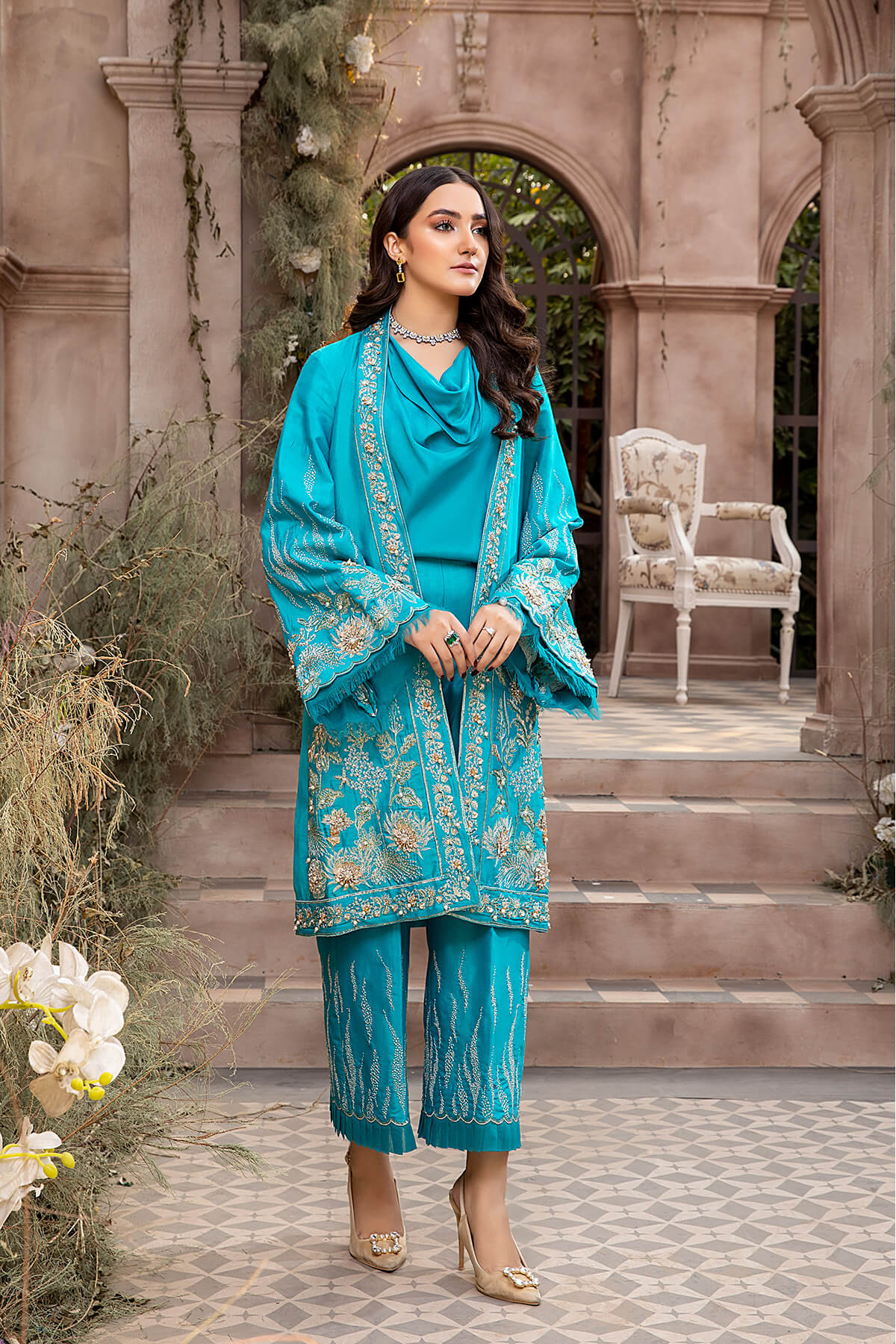 Turquoise Embroidered Silk Jacket Salwar Kameez (3-Piece) - Image 1