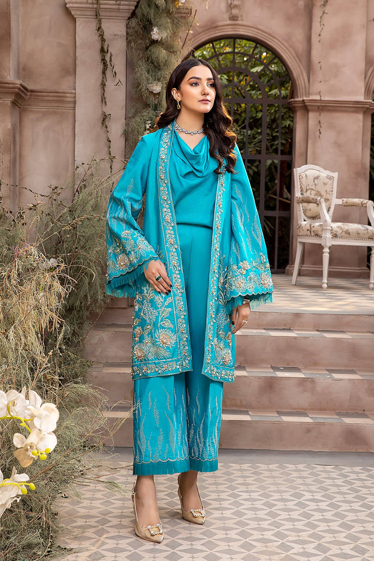 Turquoise Embroidered Silk Jacket Salwar Kameez (3-Piece) - Image 2