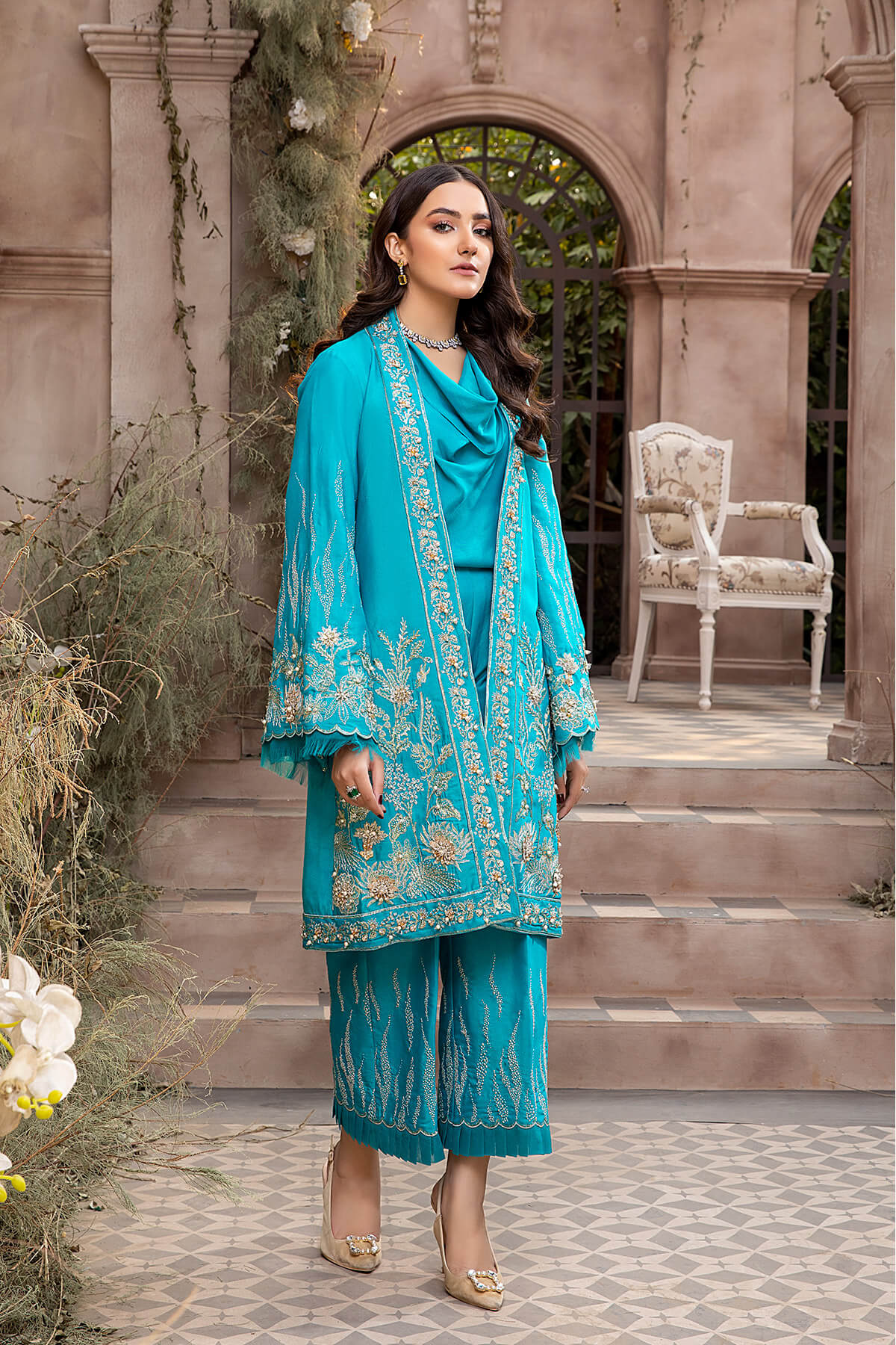 Turquoise Embroidered Silk Jacket Salwar Kameez (3-Piece) - Image 3