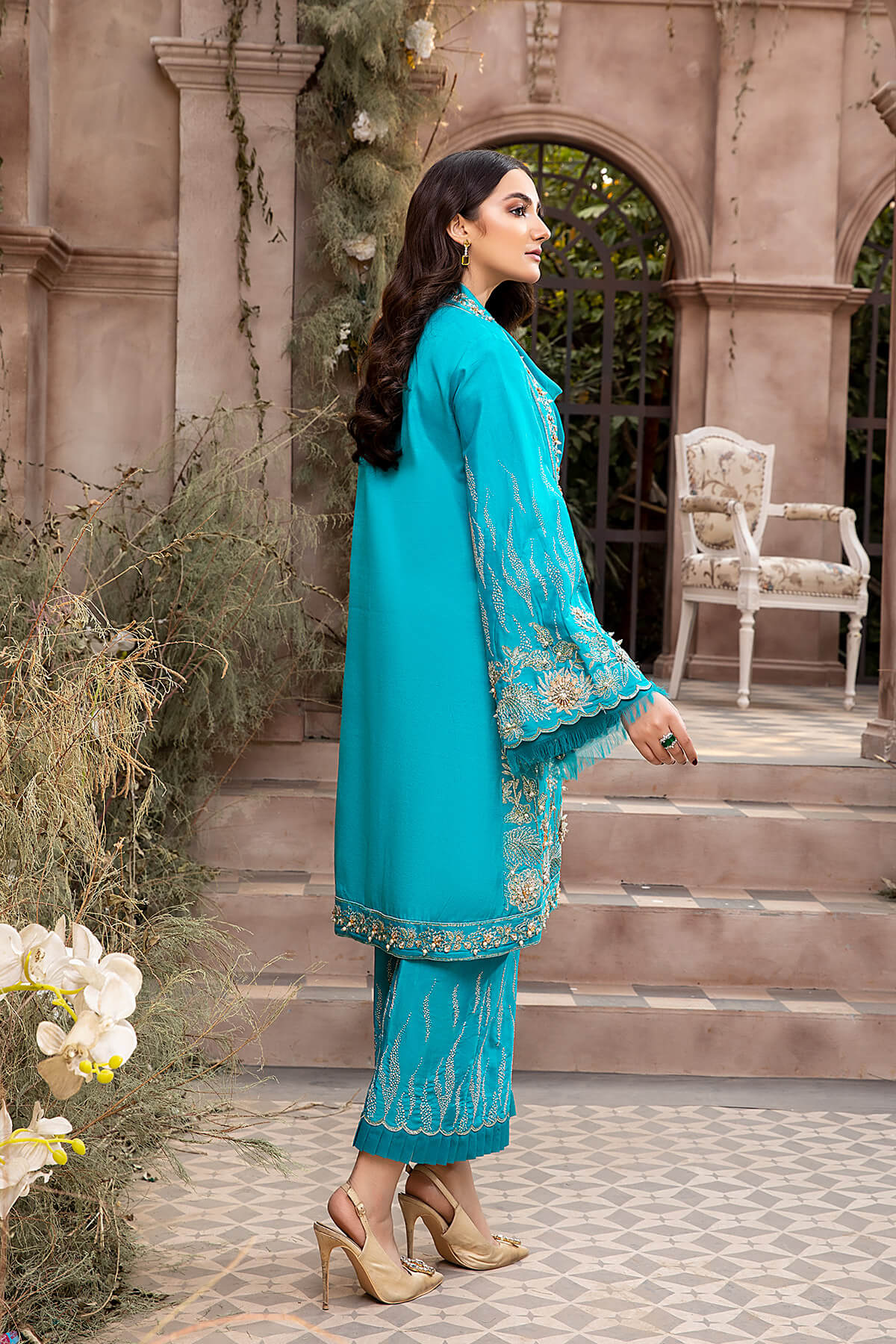 Turquoise Embroidered Silk Jacket Salwar Kameez (3-Piece) - Image 4