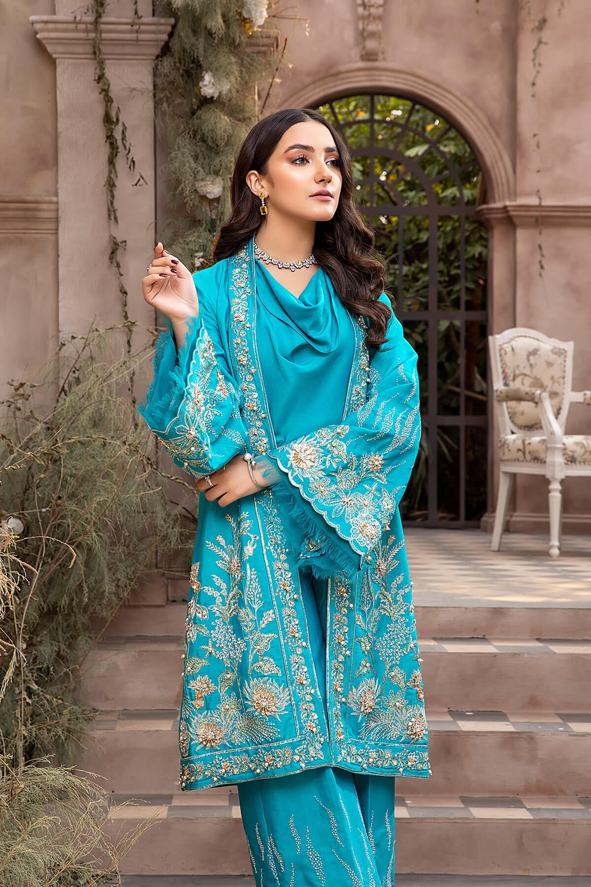 Turquoise Embroidered Silk Jacket Salwar Kameez (3-Piece) - Image 5