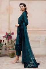 Teal Green Velvet Appliqué Silk Salwar Kameez (3-Piece) - Image 2