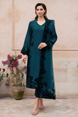 Teal Green Velvet Appliqué Silk Salwar Kameez (3-Piece) - Image 8