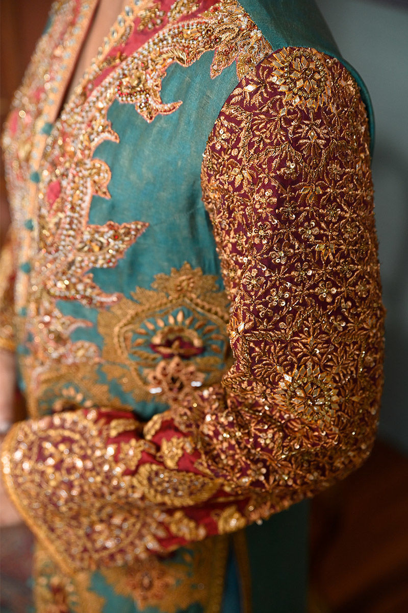 Pakistani Ferozi Zardozi Silk Front-Open Shirt (3-Piece) - Image 10