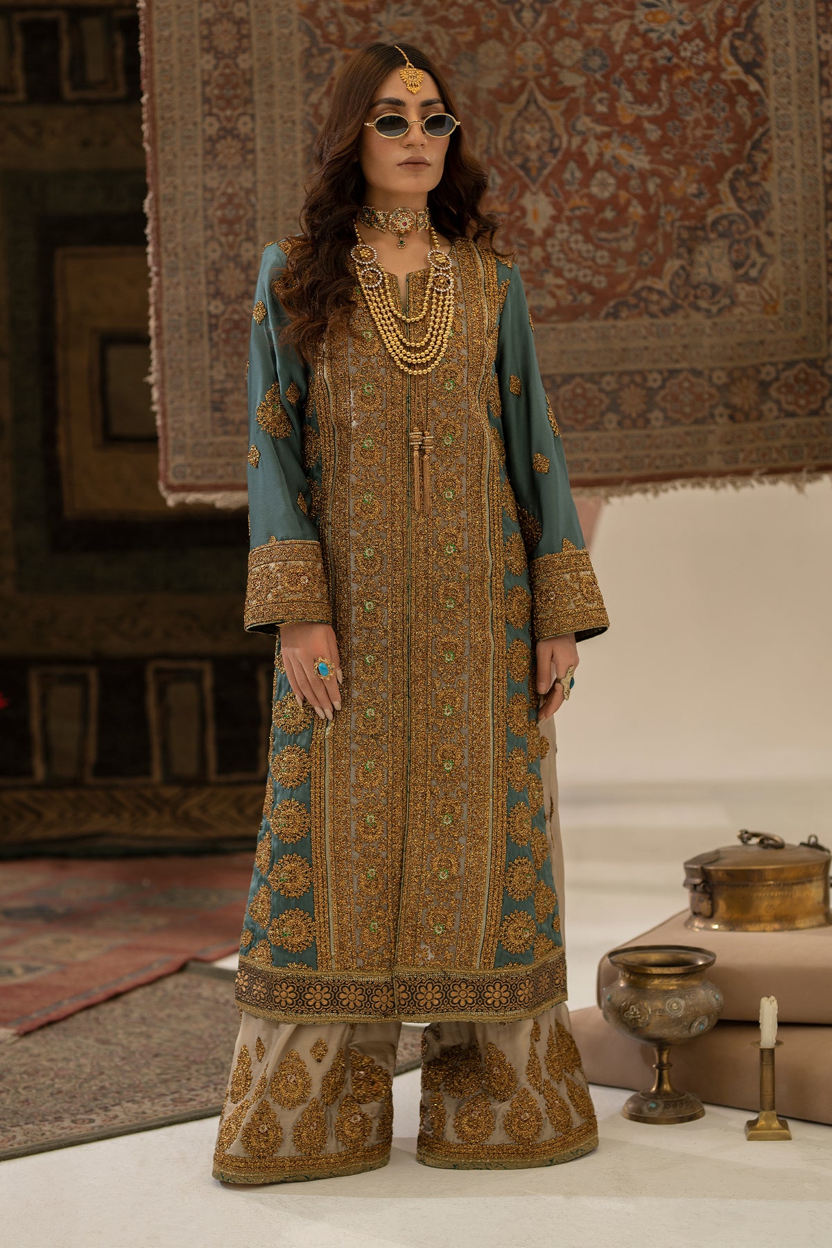 Pakistani Muted Teal Gold Embroidered Tassel Silk Salwar Kameez (2-Piece) - Image 1