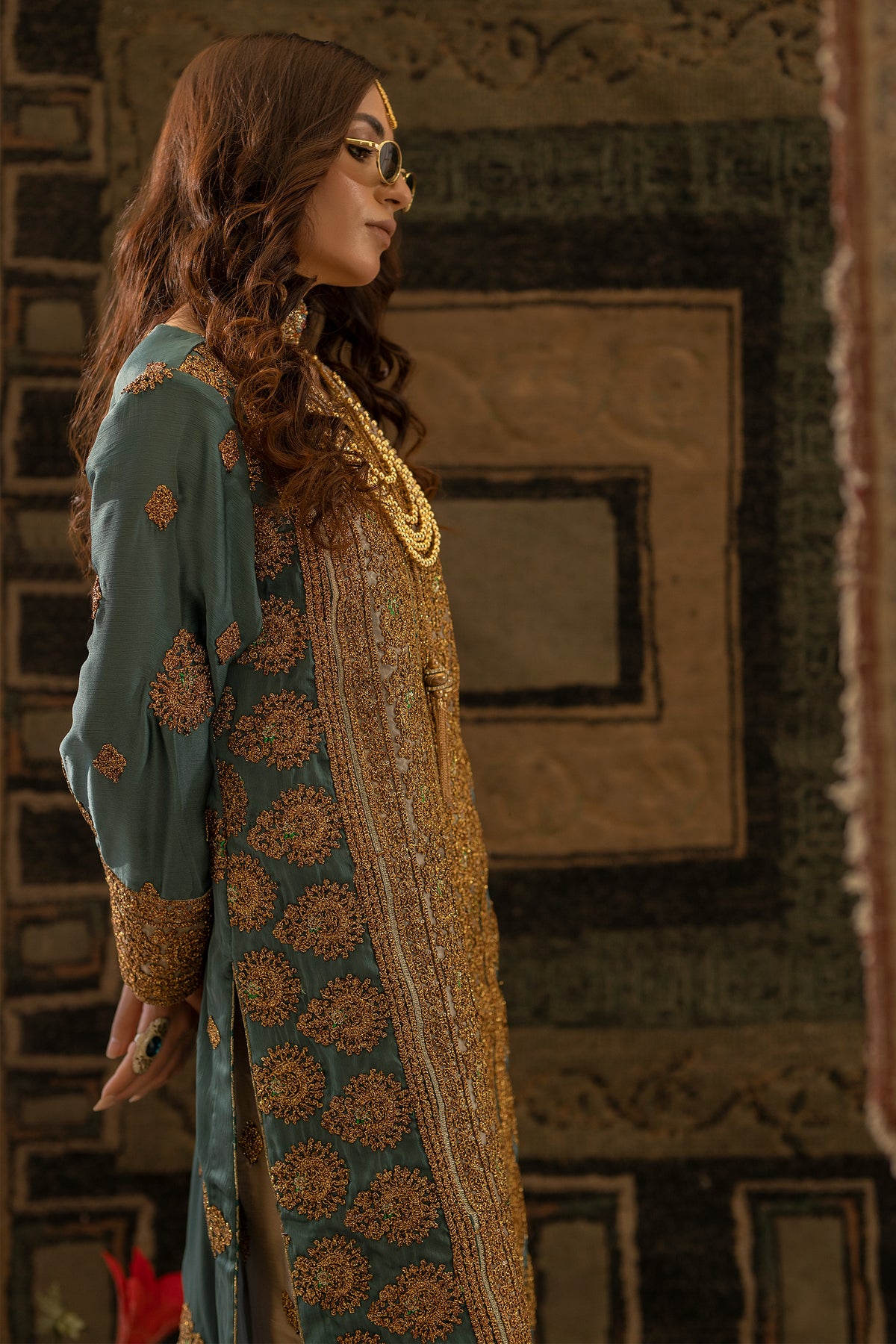 Pakistani Muted Teal Gold Embroidered Tassel Silk Salwar Kameez (2-Piece) - Image 2