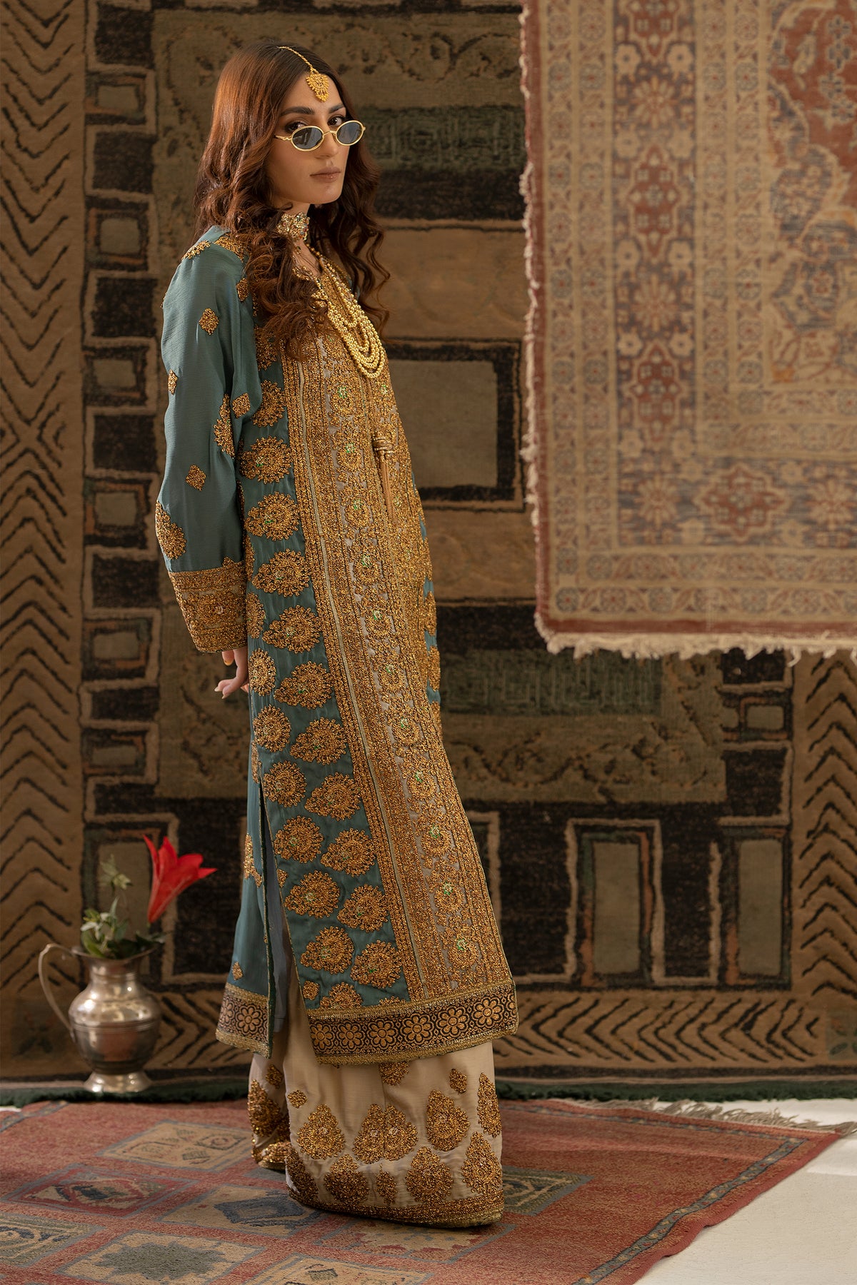 Pakistani Muted Teal Gold Embroidered Tassel Silk Salwar Kameez (2-Piece) - Image 3