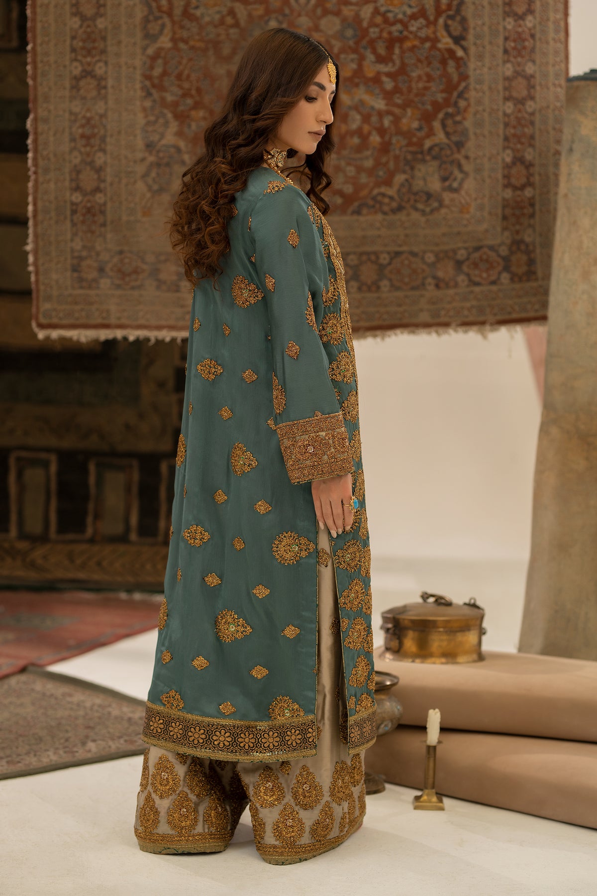 Pakistani Muted Teal Gold Embroidered Tassel Silk Salwar Kameez (2-Piece) - Image 4