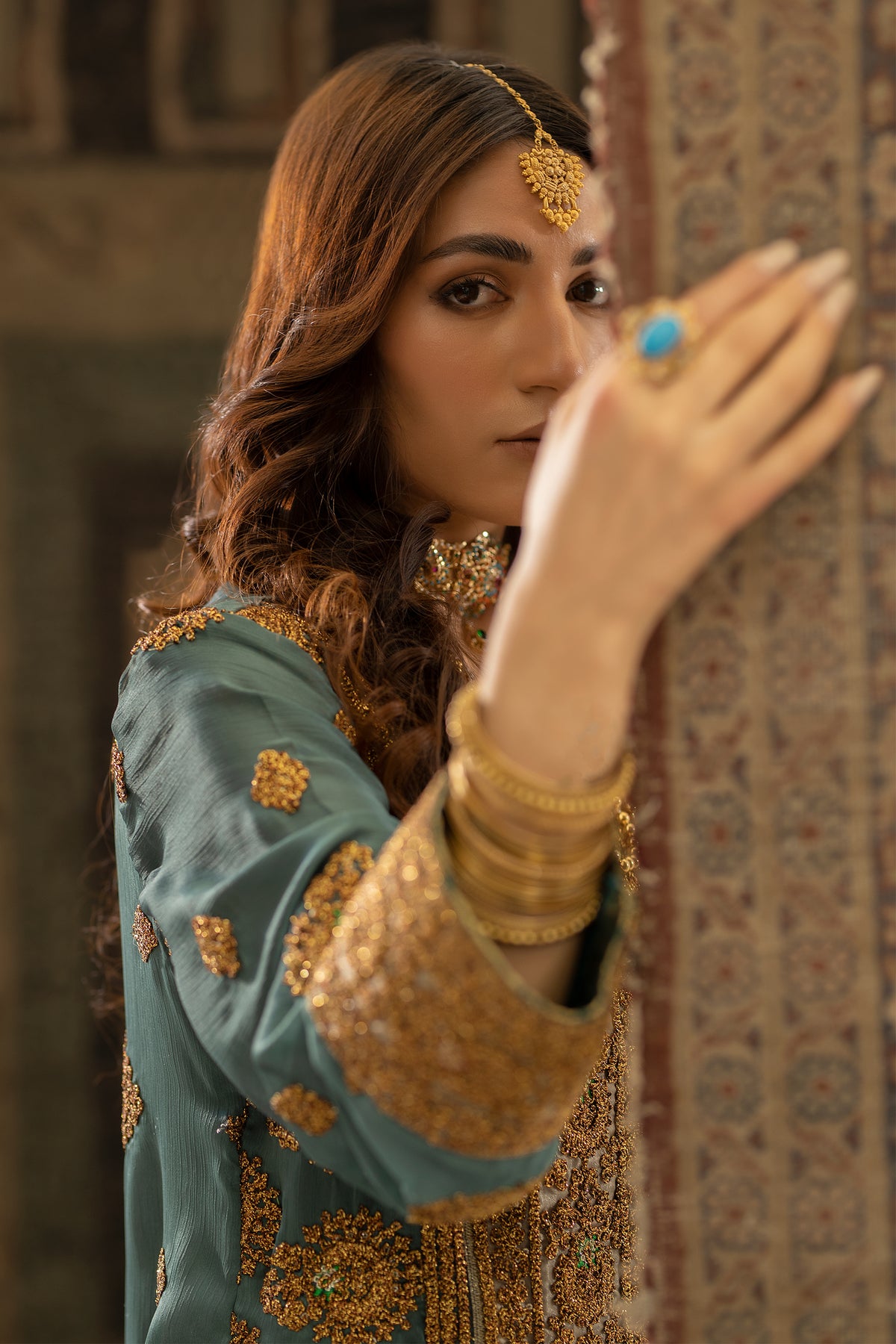 Pakistani Muted Teal Gold Embroidered Tassel Silk Salwar Kameez (2-Piece) - Image 5