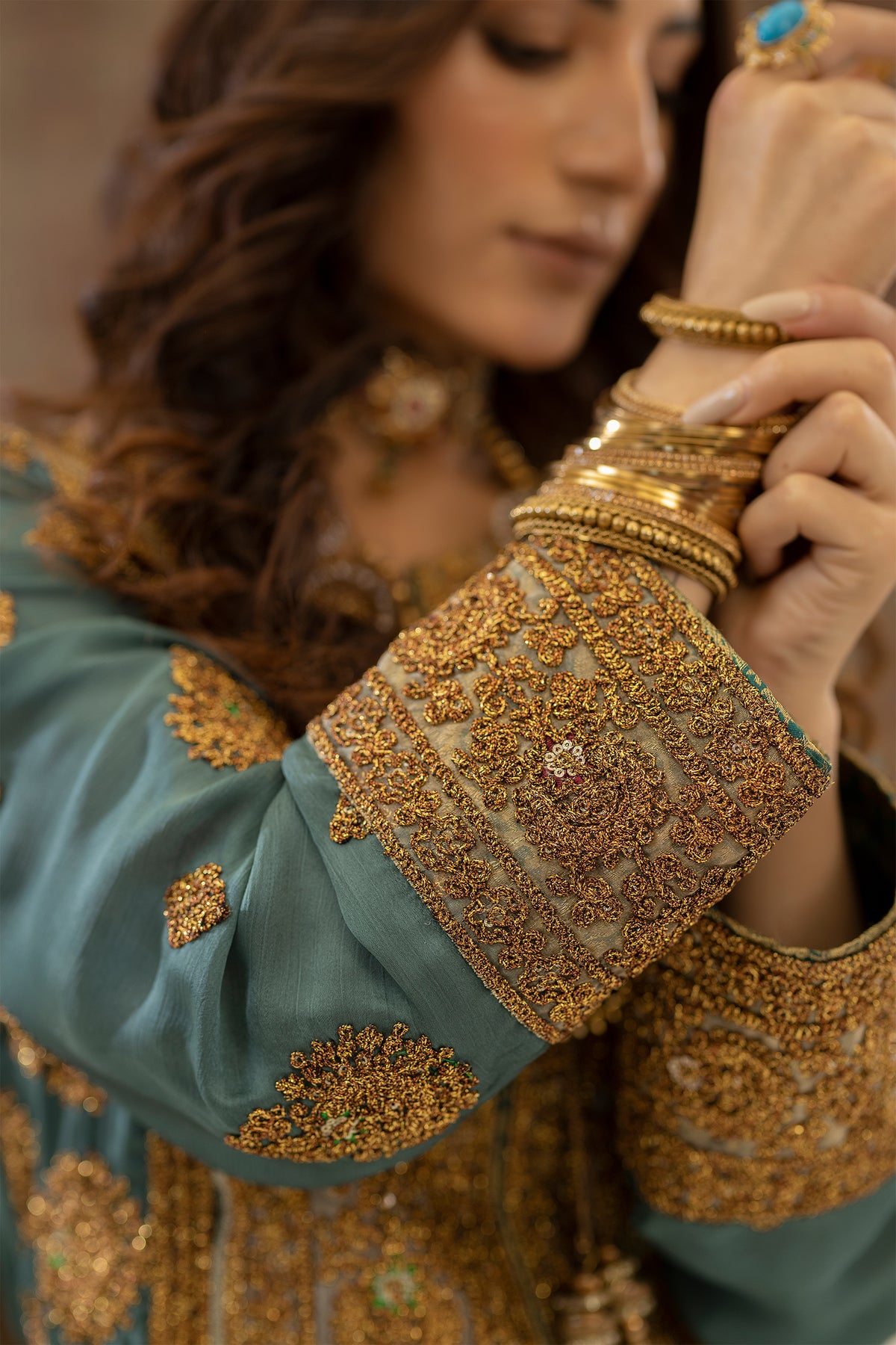 Pakistani Muted Teal Gold Embroidered Tassel Silk Salwar Kameez (2-Piece) - Image 6