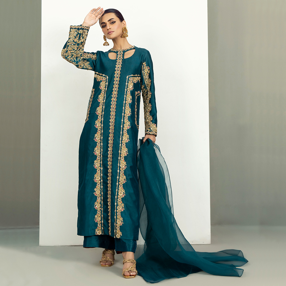 Teal Zardozi Resham Pure Tissue Silk Salwar Kameez (3-Piece) - Image 1