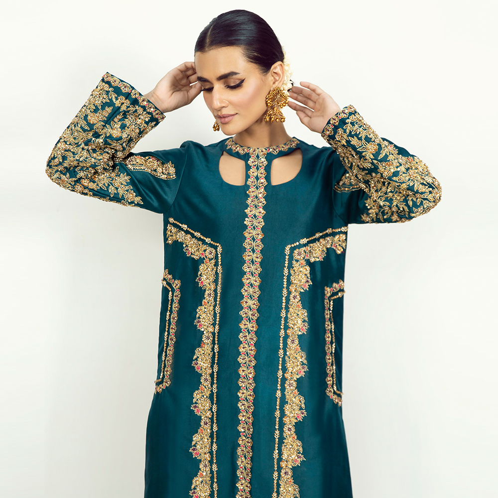 Teal Zardozi Resham Pure Tissue Silk Salwar Kameez (3-Piece) - Image 3