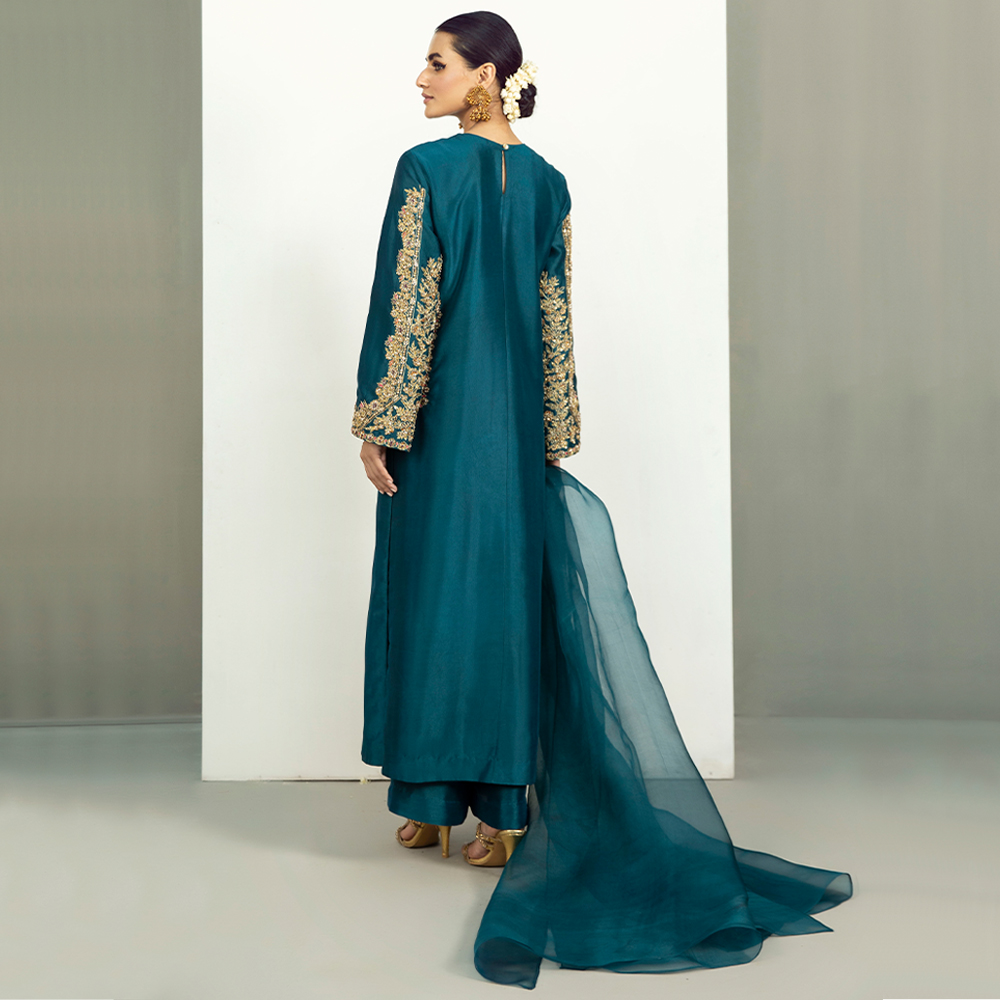 Teal Zardozi Resham Pure Tissue Silk Salwar Kameez (3-Piece) - Image 4
