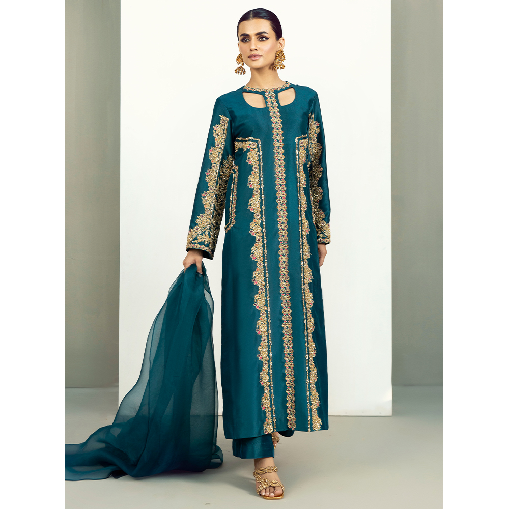 Teal Zardozi Resham Pure Tissue Silk Salwar Kameez (3-Piece) - Image 5