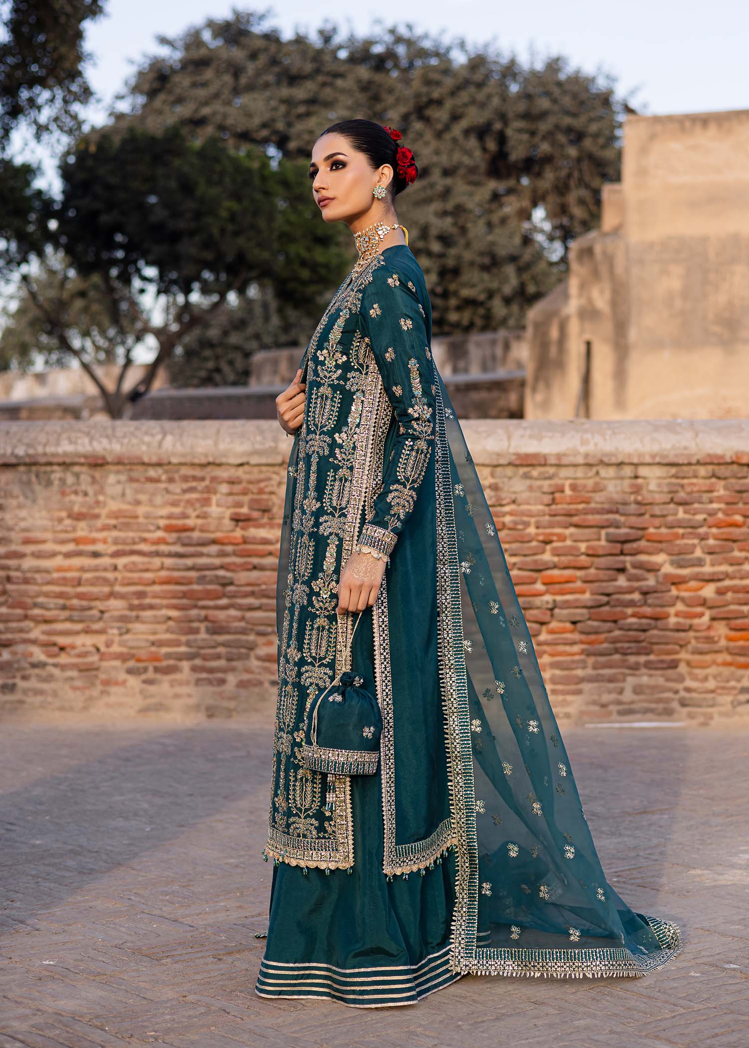 Pakistani Deep Teal Hand-Embellished Tussel Silk Salwar Kameez (3-Piece) - Image 2