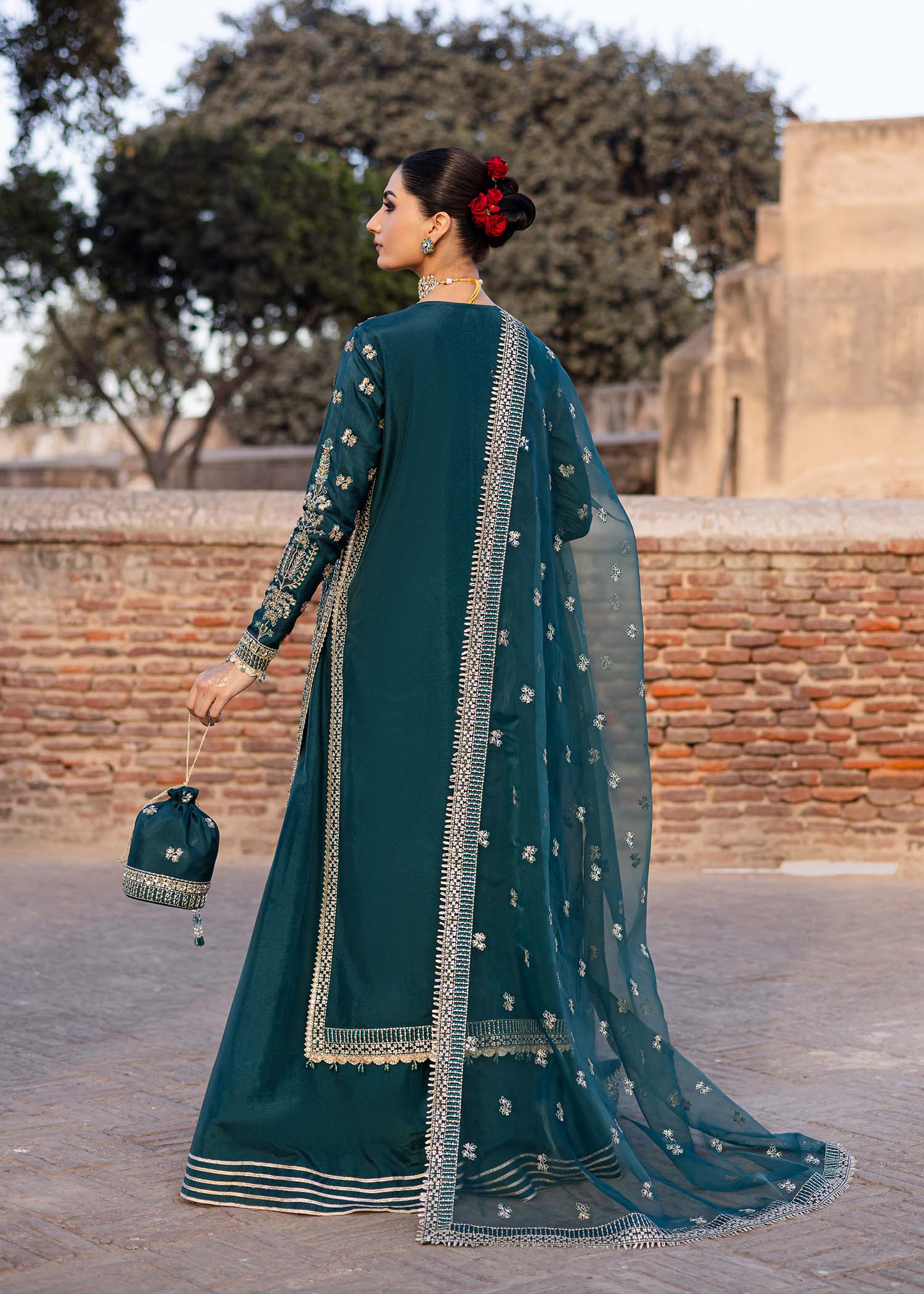 Pakistani Deep Teal Hand-Embellished Tussel Silk Salwar Kameez (3-Piece) - Image 4