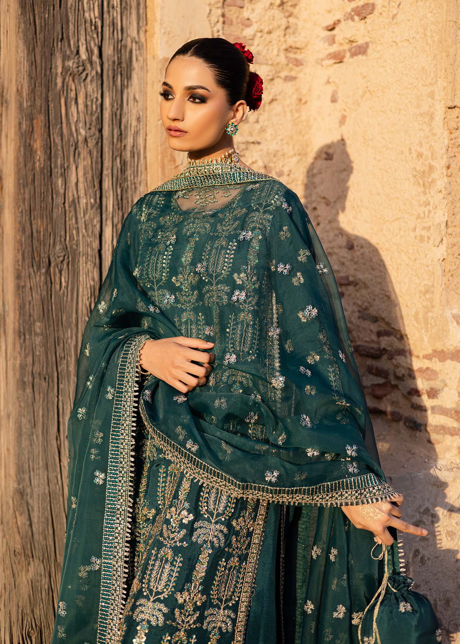 Pakistani Deep Teal Hand-Embellished Tussel Silk Salwar Kameez (3-Piece) - Image 7